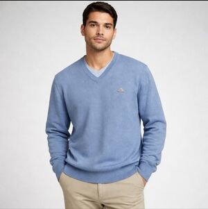 Vintage Monte Carlo Collection Blue V-Neck Sweater Mens Size 44 Wool Classic